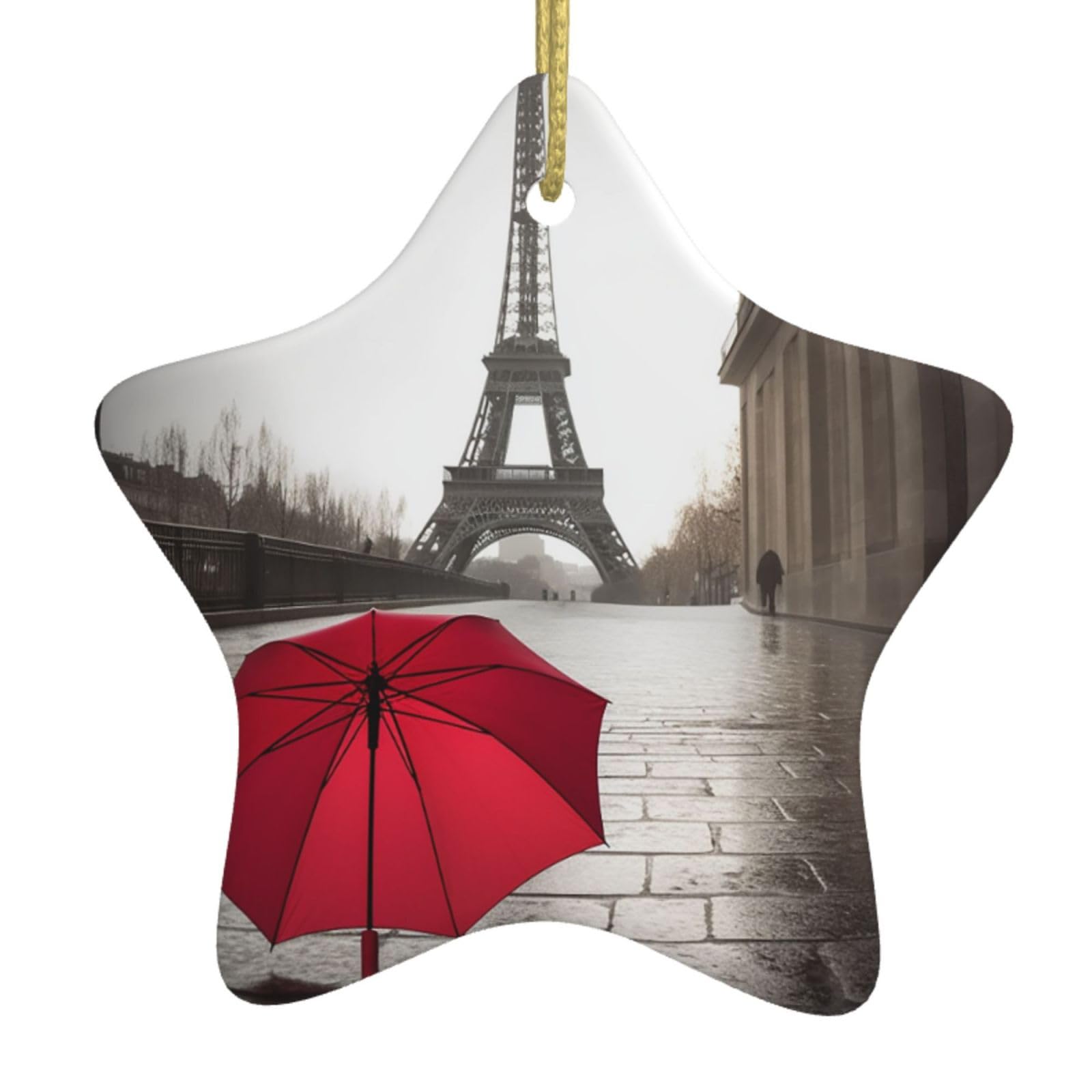 Ceramic Christmas Tree Hanging Ornaments with Gold Ropes Christmas Tree Decorations Star Ceramic Eiffel Tower Paris Street Red Umbrella Pendant Keepsake Decorations for Holiday Xmas Gift Ideas