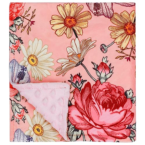 Image of HNHUAMING Pink Baby Blankets, Floral Mink Toddler Blanket for Boys Girls, Dotted Backing, Double Layer, Crib Receiving Blanket, for Nursery/Stroller/Toddler Bed/Carseat, 30 x 40 Inch