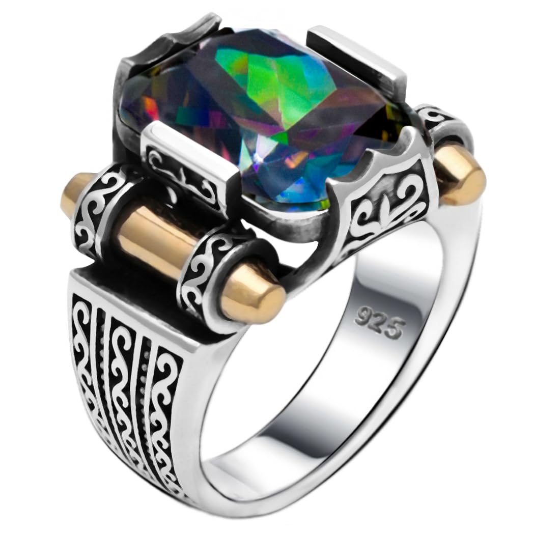 Genuine Solid 925 Sterling Silver Ring for Men, Accented with Bronze, Faceted Simulated Red Ruby Stone, Vintage Turkish Ottoman Style