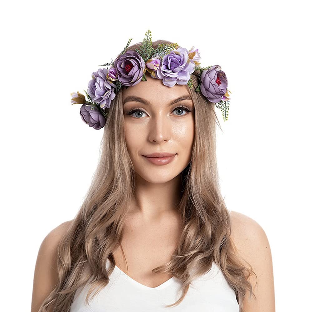 Wiwpar Rose Floral Crown Flower Hair Wreath Headband Garland with Adjustable Ribbon Headpiece for Women (Purple)