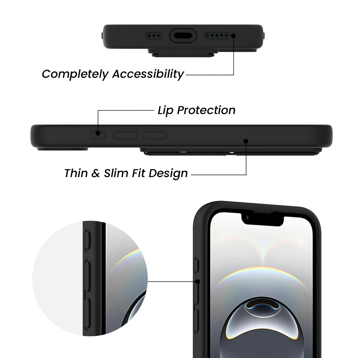 LAUDTEC - Funda de silicona compatible con iPhone 16E, soporte vertical y horizontal, correa de mano de metal, funda flexible de silicona líquida suave para iPhone 16E (negro)