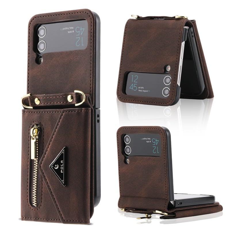 Generic custodia compatibile con Samsung Galaxy Z Flip 3 (colore: marrone) antiurto portafoglio in pelle slot per carte di credito custodia flip con tracolla