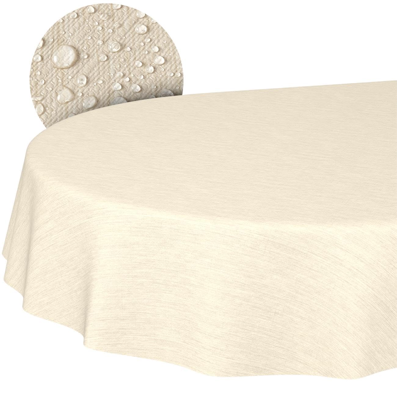 Washable Oilcloth Tablecloth Garden Tablecloth Linen Look Easy Care Water-Repellent 220 x 140 cm (Oval) Cream Cut Edge