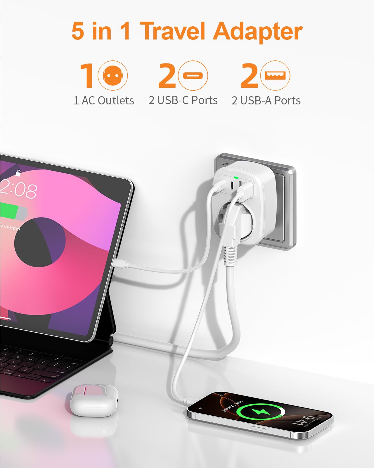 Adaptateur Japon France, Adaptateur de Prise Japon avec 2 USB C et 2 USB A, Adaptateur de Voyage 5 en 1 pour Prise Type A pour JP, USA, Thaïlande, Chine, Canada