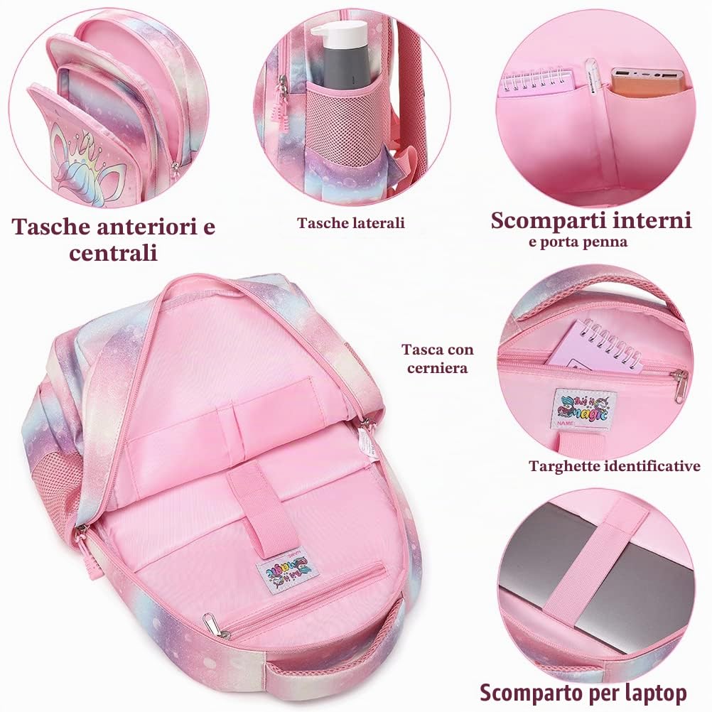 Kimwadalh Zaino Ragazza Zaini per la Scuola Primaria Borsa da Scuola per Ragazza Multicolor Schoolbag Ragazze Sacchetti di scuola Set di 3 Pezzi Zaini Glitterati + Astucci+ Borsa Lunch