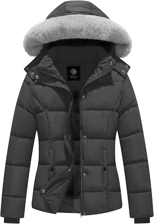 Womens Quilted Winter Coat Puffer Jacket with Removable Fur Hood