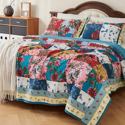 EVENHUG 100% Cotton Patchwork Quilt Queen Size Set Lightweight Floral Queen Quilts Bedding Set Bedspread Coverlet Reversible Bed Cover with Pillow Shams for All Seasons 3 Pieces (92