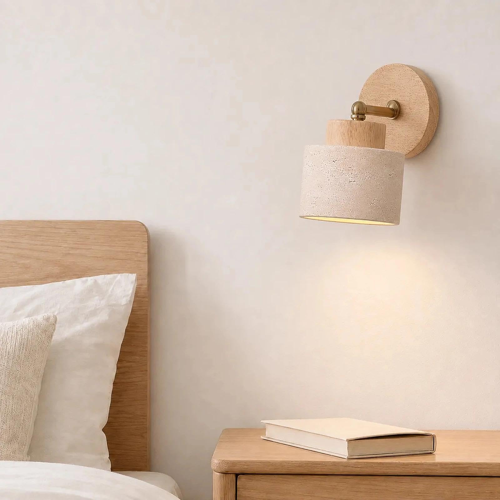 Travertine Wall Light, Adjustable Arm, Wood Base, Hardwired