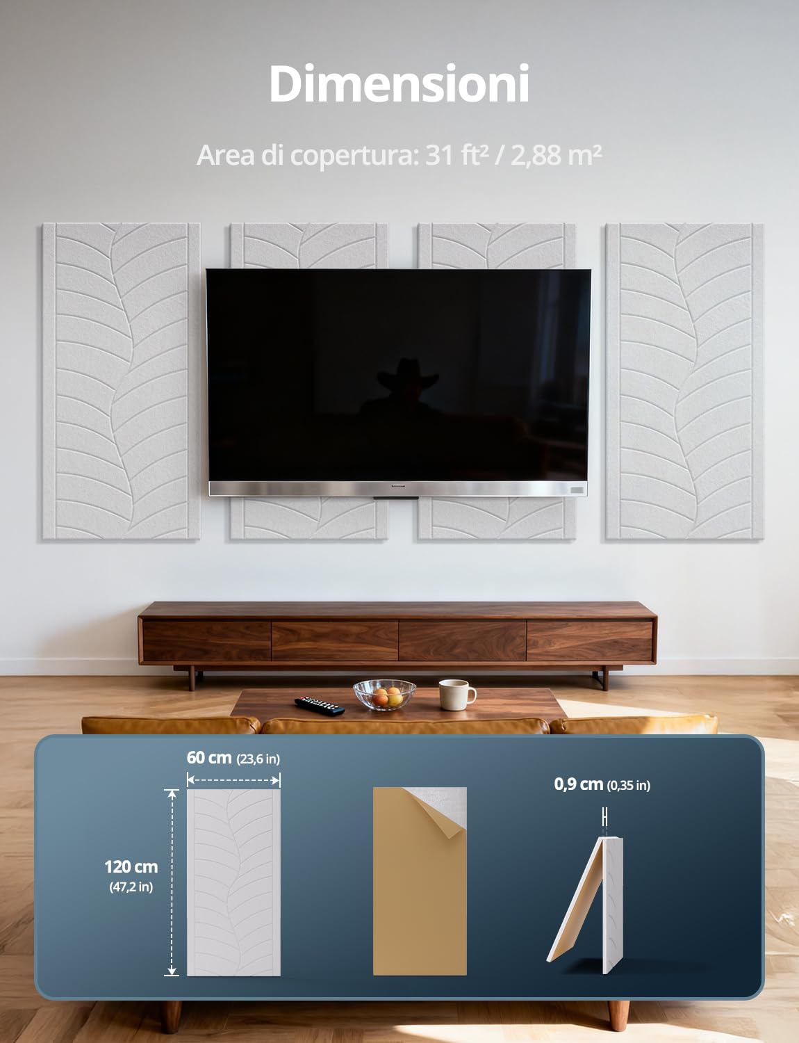 Kuchoow Grandi Pannelli Acustici Autoadesivi Fonoassorbenti da Parete, 4 pezzi, 120 x 60 x 0,9 cm, per ufficio, studio, trattamento acustico, decorazione da parete, bianco