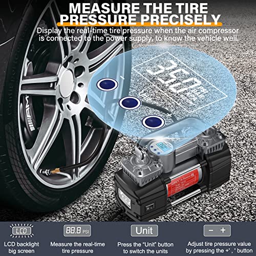 Gspscn Portable Digital Car Tire Inflator With Gauge 150Psi Auto Shut-Off, Heavy Duty Double Cylinders 12V Air Compressor Pump With Led Light For Auto,Truck,Car,Bicycles,Rv,Suv,Balls Etc.(Titanium) #TOP2