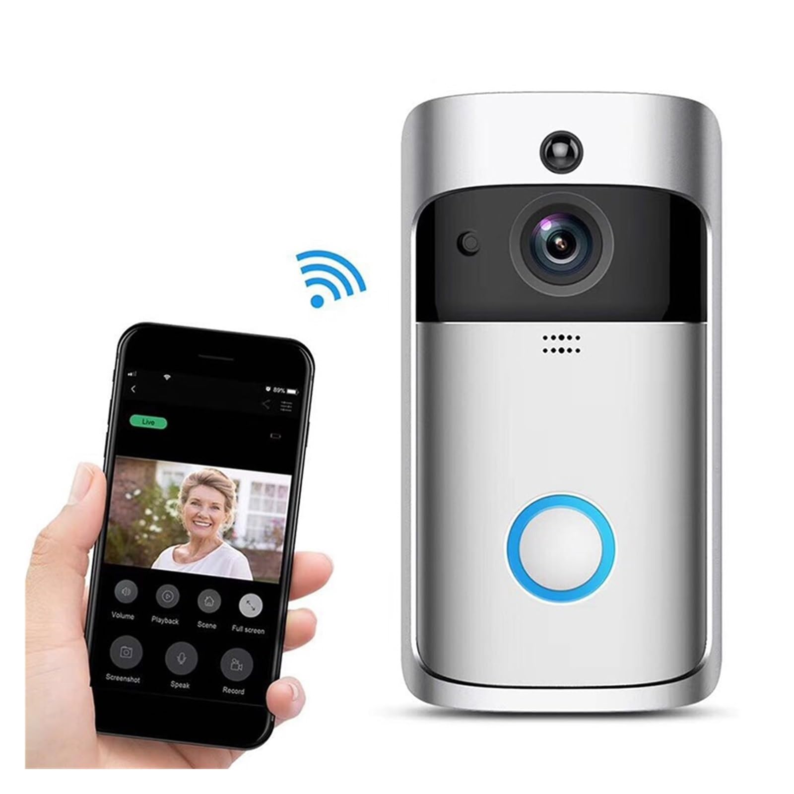 WIFI Bezprzewodowy Inteligentny Dzwonek Do Drzwi Night VisionVoice Wideodomofon PIR Wykrywanie Ruchu Antywłamaniowy Aparat Telefoniczny WyraźNy Wyświetlacz Ochrona Każdą Pogodę(Silver black)