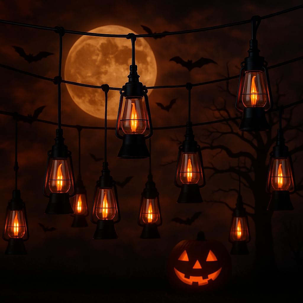 10 Light LED Flicker Flame Plastic Oil Lamp String Set, 20ft Black Wire – Indoor/Outdoor Vintage Flame Effect