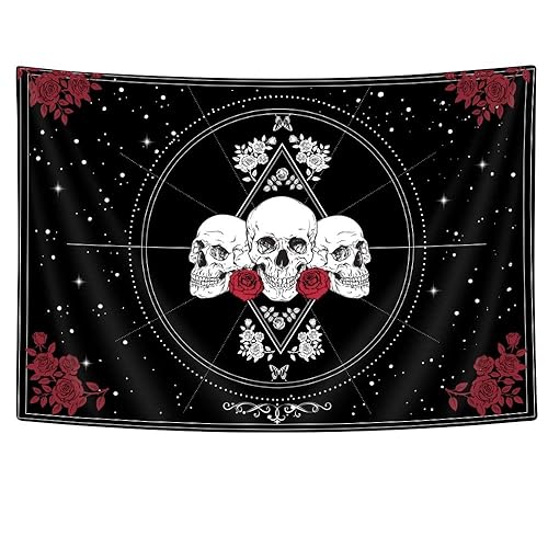 Bzhilja Skulls Wall Hanging, Gothic Skeleton Mystery Tapestry, Black and White Tarot Roses Decor Art for Bedroom Living Room Dorm Home, 80x60 - 80"L x 60"W