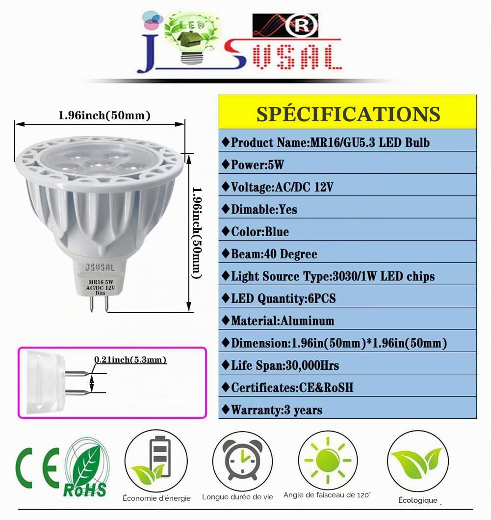 Ampoule LED MR16 à intensité variable 5 W Remplace l'équivalent halogène 50 W Culot double broches 12 V GU5.3 Éclairage spot 40 degrés pour éclairage intérieur et extérieur,Lot de 6,Bleu