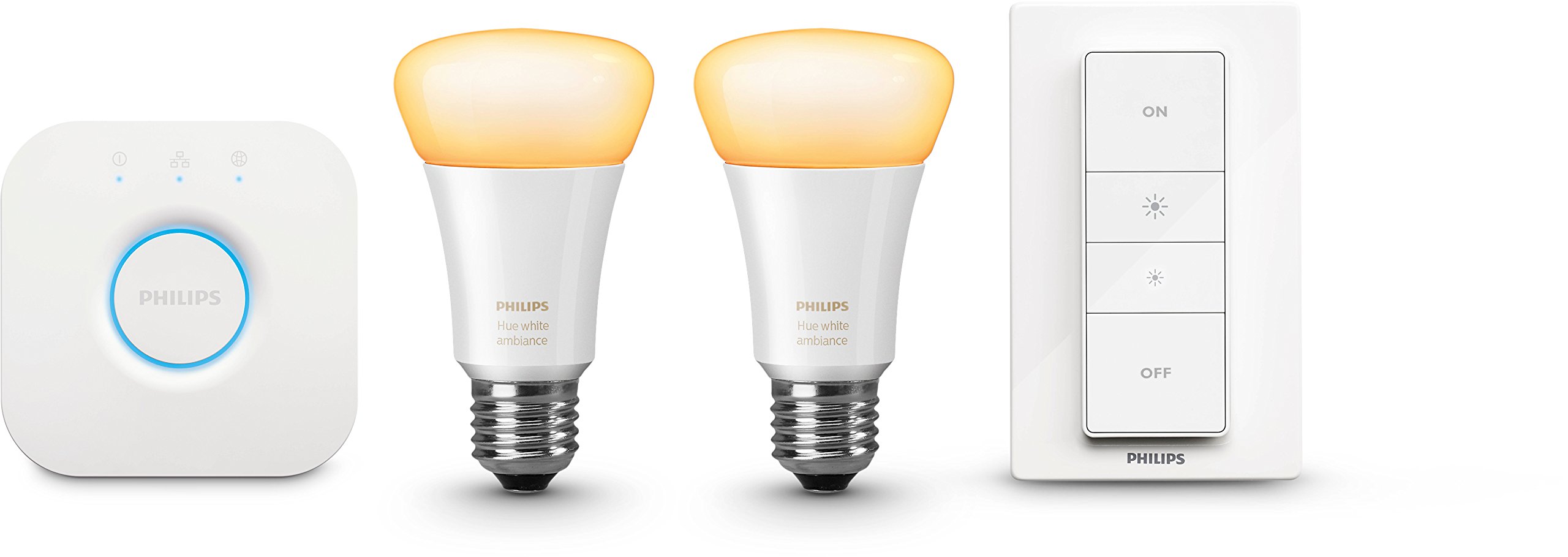 Philips Hue White Ambiance Starter Kit con 2 Lampadine E27, 1 Bridge e 1 Telecomando Dimmer Switch Inclusi