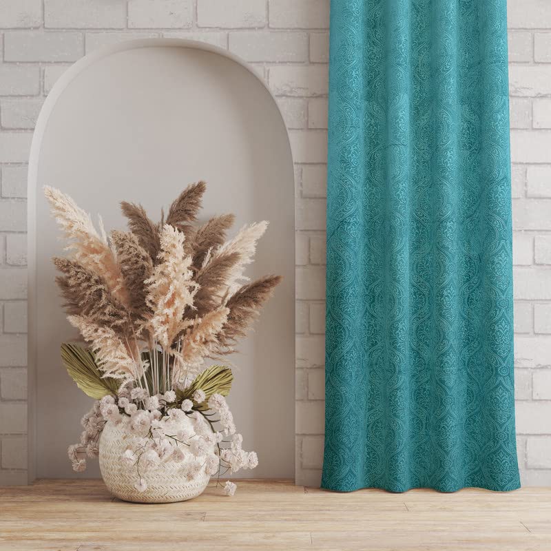 Image of Suede Velvet Embossed Room Darkening Door Curtain for Living Room, Bedroom, Hallway, 11 feet Long, Aqua Blue, Set of 1