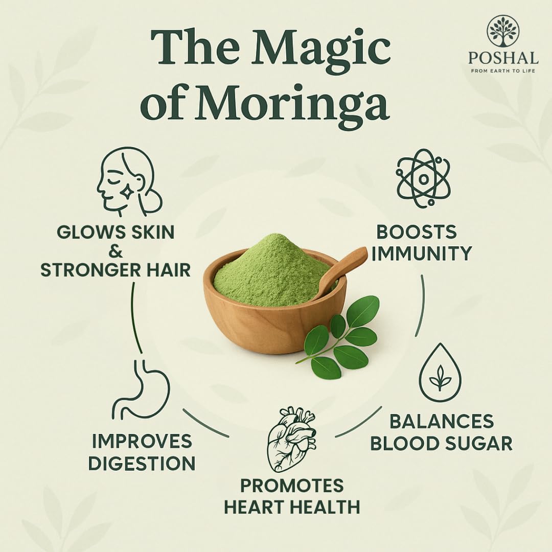 Poshal - Organic Moringa Powder | Natural Ayurvedic Superfood for immunity, energy and welfare | Herbal supplement for overall health and balance. 100% pure leaf powder - 100 grams Poshal - Organic Moringa Powder | Natural Ayurvedic Superfood for immunity, energy and welfare | Herbal supplement for overall health and balance. 100% pure leaf powder - 100 grams