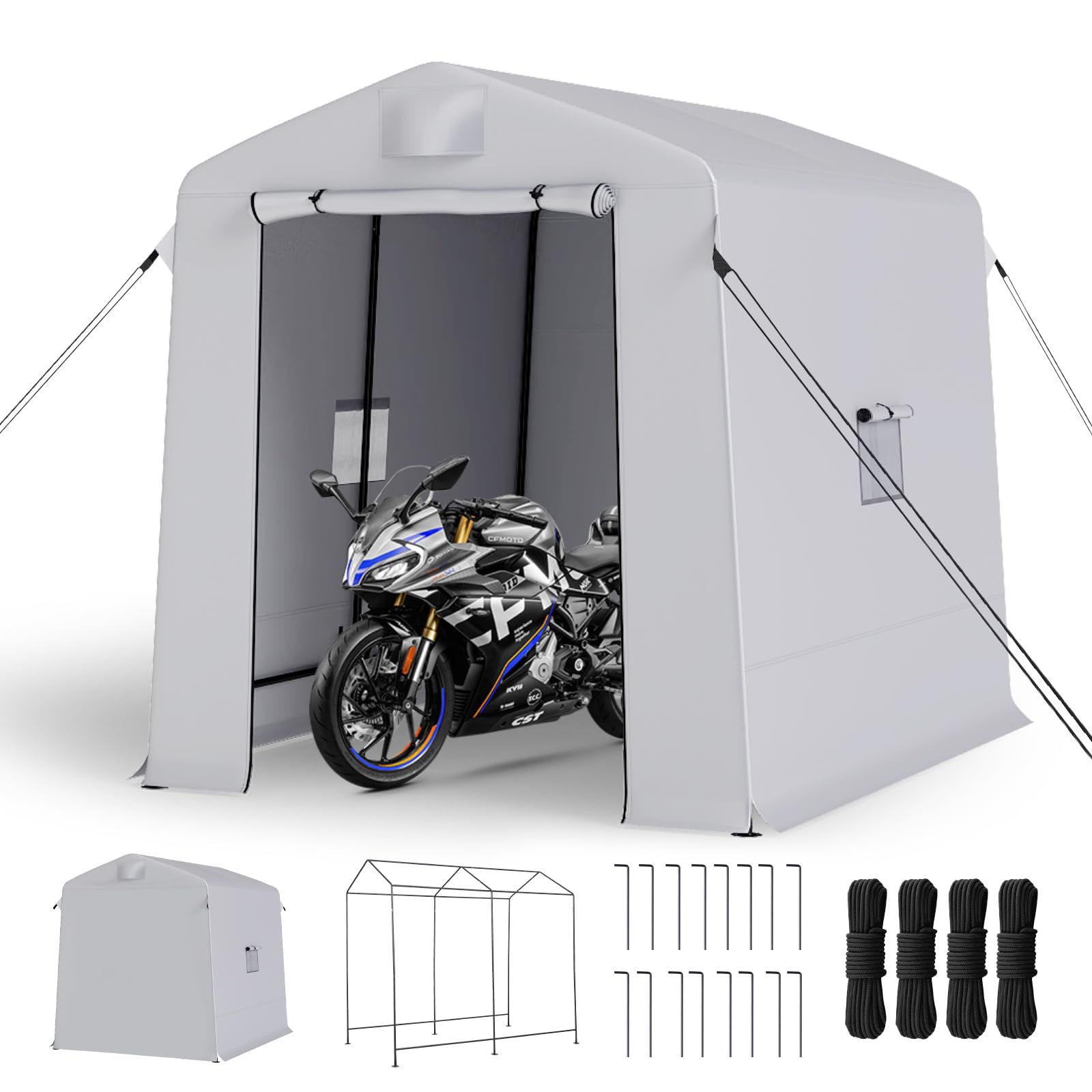 6x8 ft outdoor storage shelter shed with roll-up zipper doors & mesh windows, portable waterproof storage tent for motorcycle, bike, firewood, garden tools (gray)