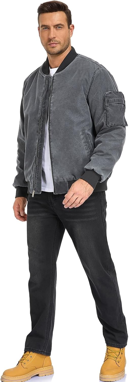 Oymyakon Mens Vintage Bomber Jacket Washed Fall Winter Warm Military Jackets Casual Padded Coats Windbreakers - Image 5