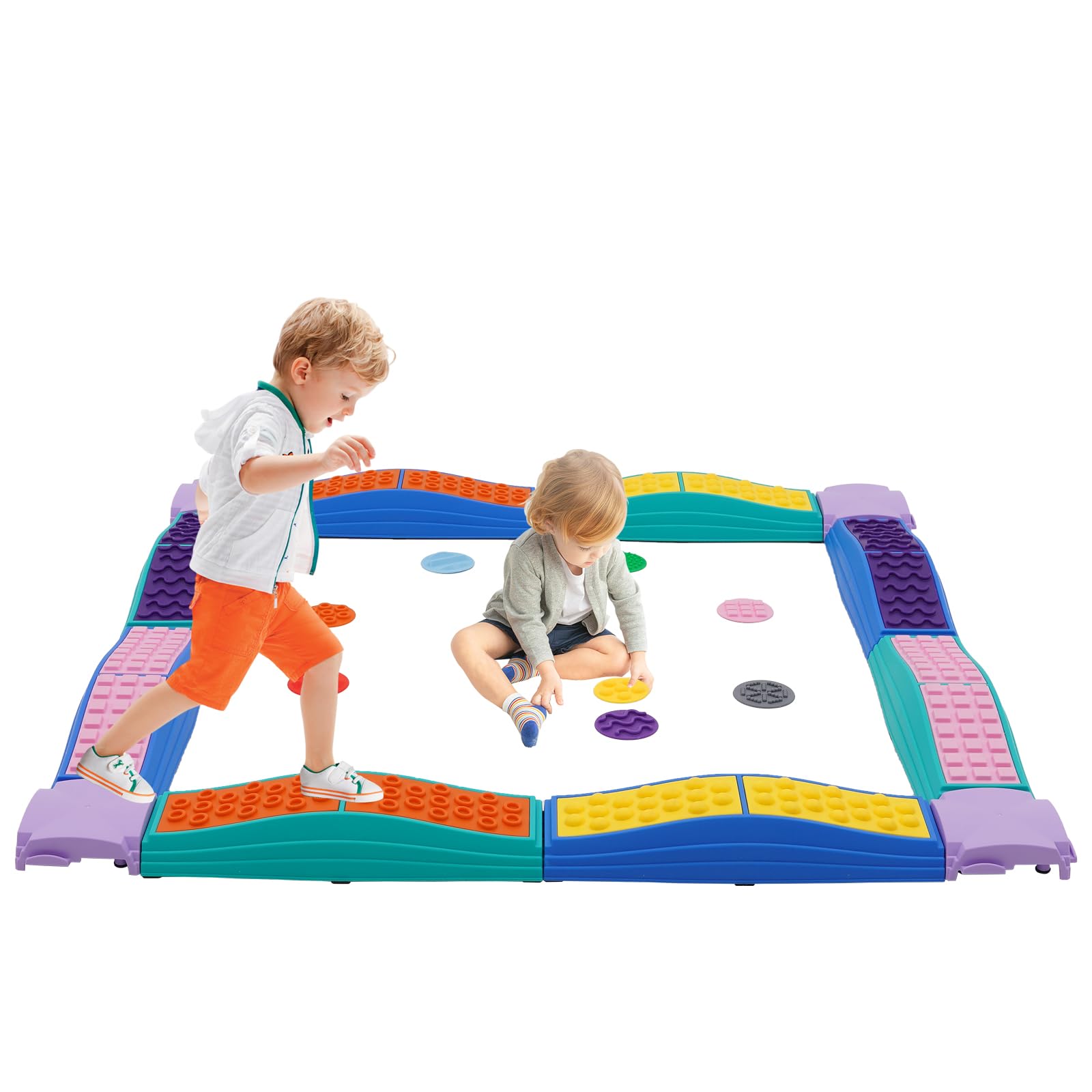 Yosamy Kids Balance Beam,Stepping Stones with Non-slip Textured Surface & Bottom Mats,Tactile Discs and Stackable,Montessori Toy Build Coordination,Agility and Strength,Obstacle Course for Toddler