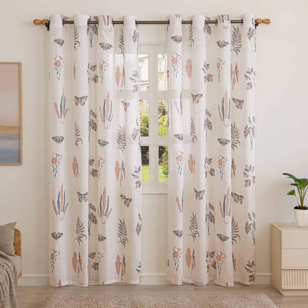 HOMEMONDE Cotton Door 7 Feet Curtains Set of 2- Printed Sheer Light Filtering Curtain with Eyelets - (84 Inches, Lunaria Garden)