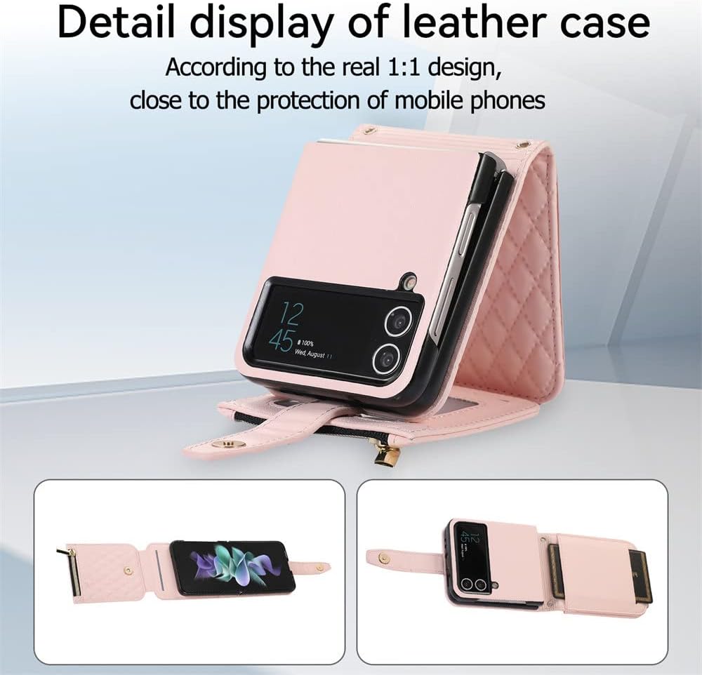 Luxury Grid Leather Cover for Samsung Galaxy Z Flip 4 3 Flip4 Flip3 5G Crossbody Wallet Phone Case with Lanyard and Card Slot,Pink,for Galaxy Z Flip4
