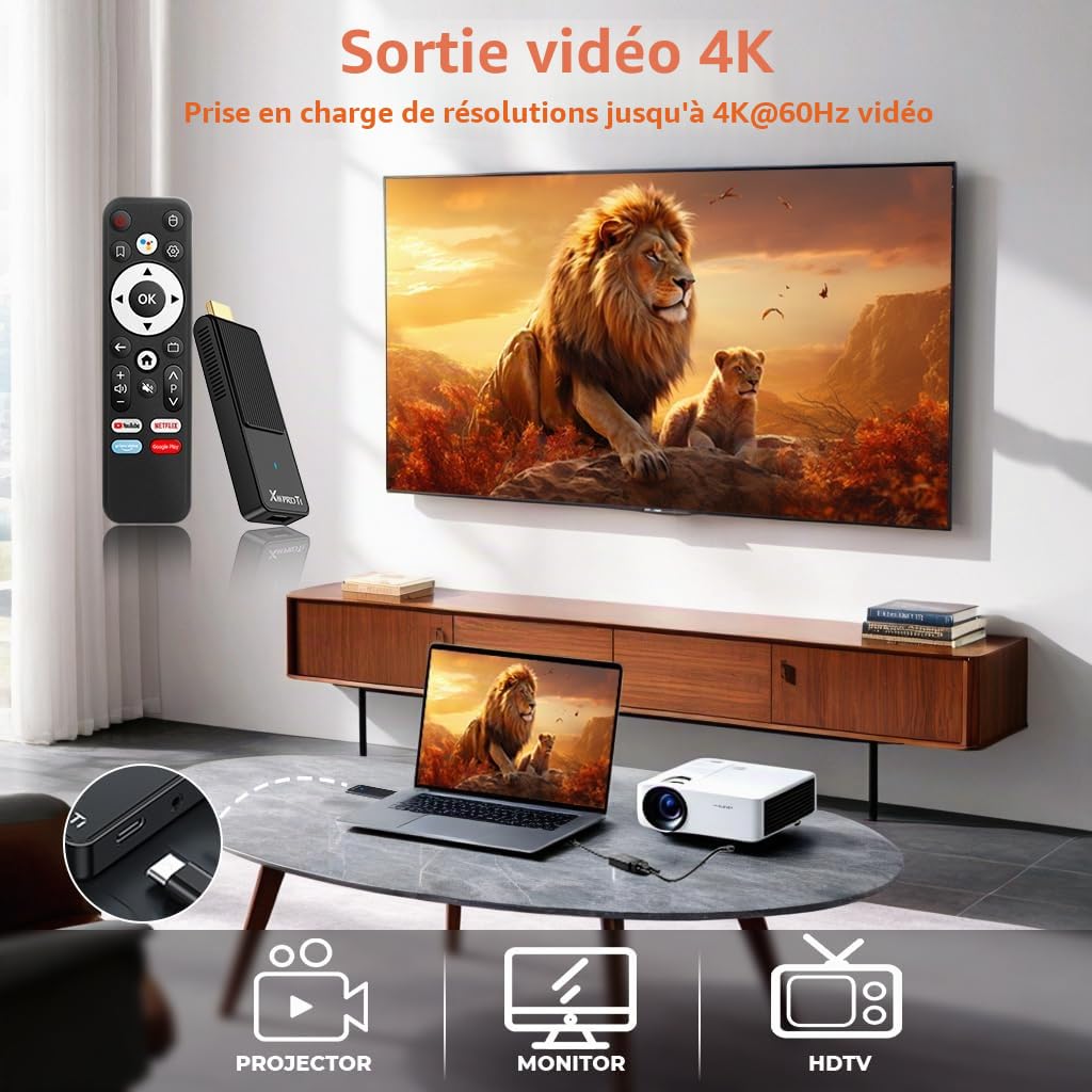 Android TV Stick 14.0 2026 Ultra HD 4K TV Stick 2 Go RAM 16 Go ROM RK3518 CPU, Smart TV Box Android Supporte 2.4/5GHz WiFi6 Bluetooth 5.0 USB HDR10, équipé Télécommande Vocale Bluetooth, Noir