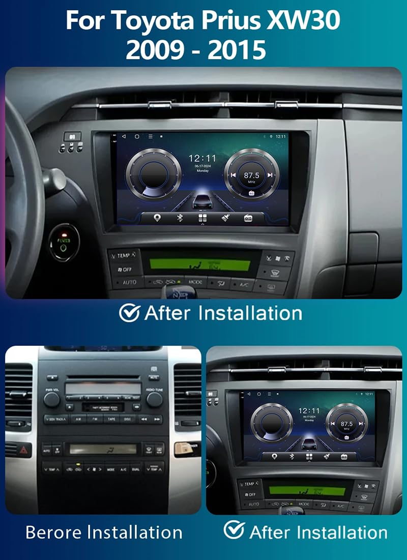 Autoradio Android 15 pour Toyota Prius XW30 2009-2015 9'' Écran Tactile Capacitif Bluetooth Auto Radio Lecteur De Voiture Mirrorlink Fonction Bluetooth RDS AM FM USB,4CoreWifi2G+64G