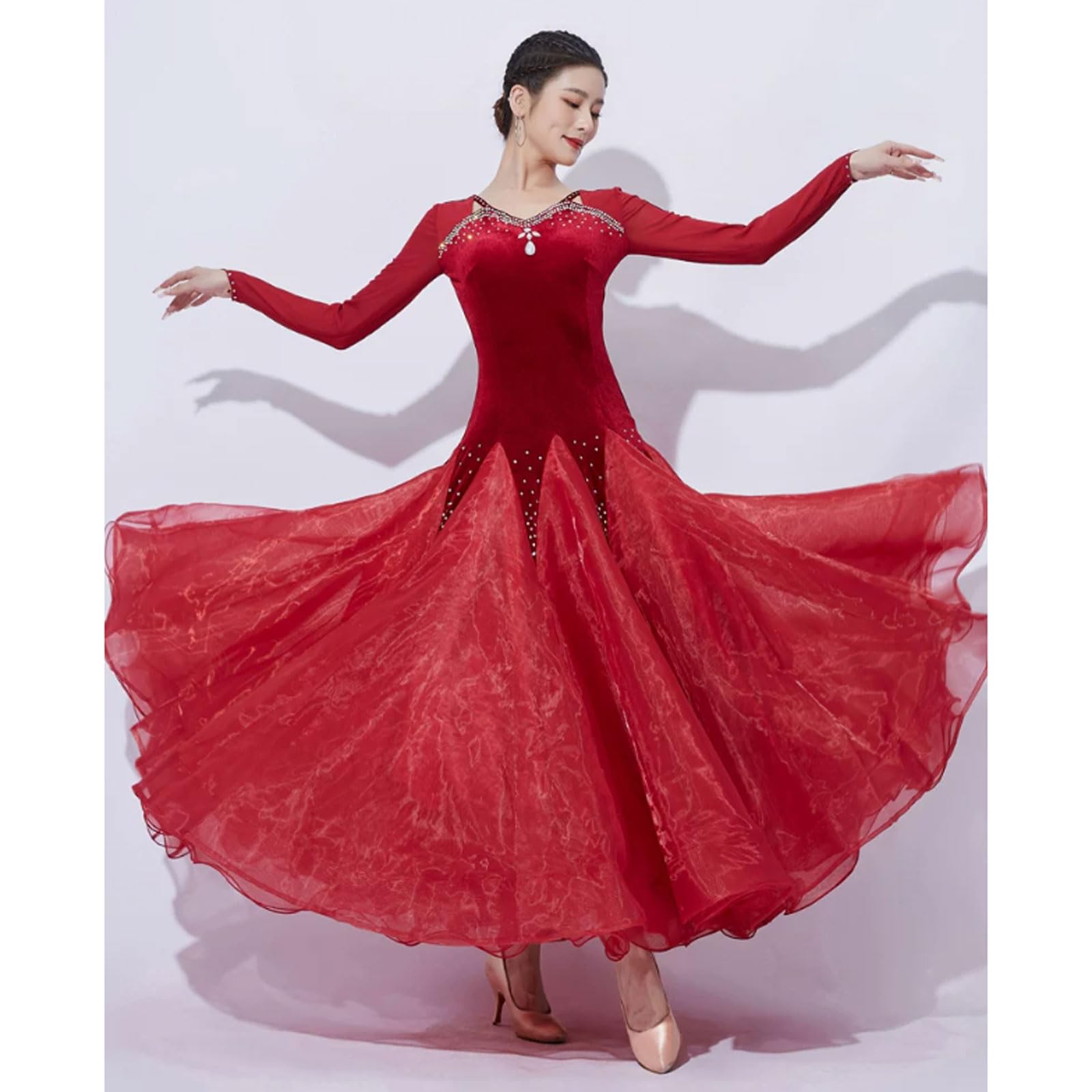 Costumi Valzer Scollo a V Abiti Sala da Ballo Donna Gonna Flamenco Foxtrot