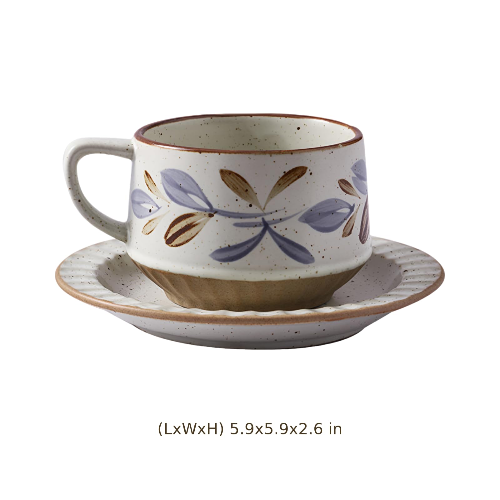 Mug et Soucoupe en poterie Brute, Motif Floral rétro Peint à la Main, céramique 300 ML, émail Effet Four, Grande Anse, Tasse 9 x 6,7 cm, Soucoupe 15 x 2 cm, pour Latte, Maison, Bureau