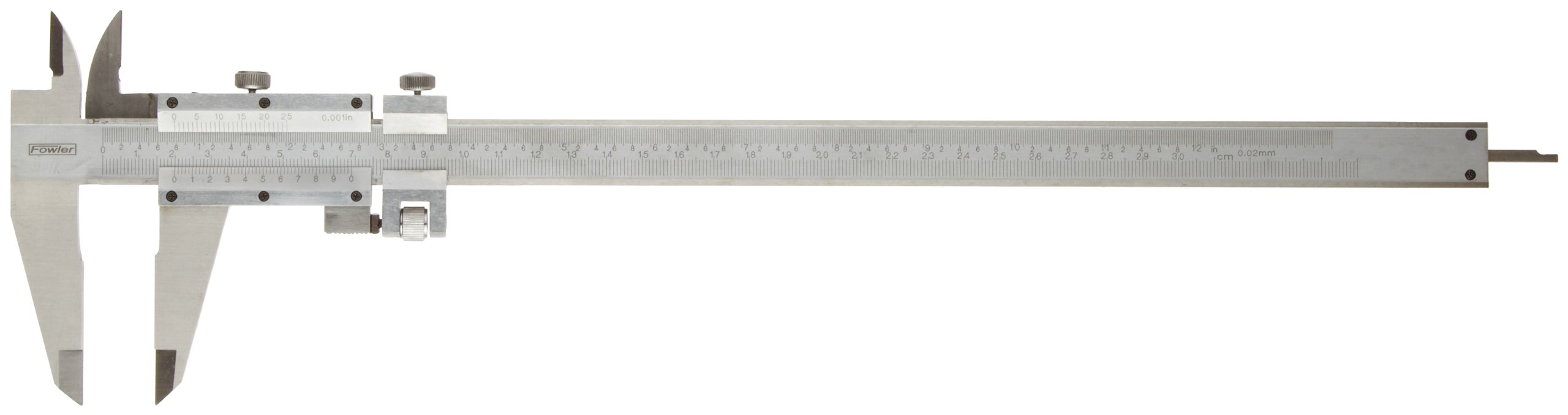 Fowler 52-058-012 - Calibro a corsoio a regolazione fine, in acciaio INOX con finitura cromata satinata, 0-300 mm, graduazione 0,001"/0,02 mm