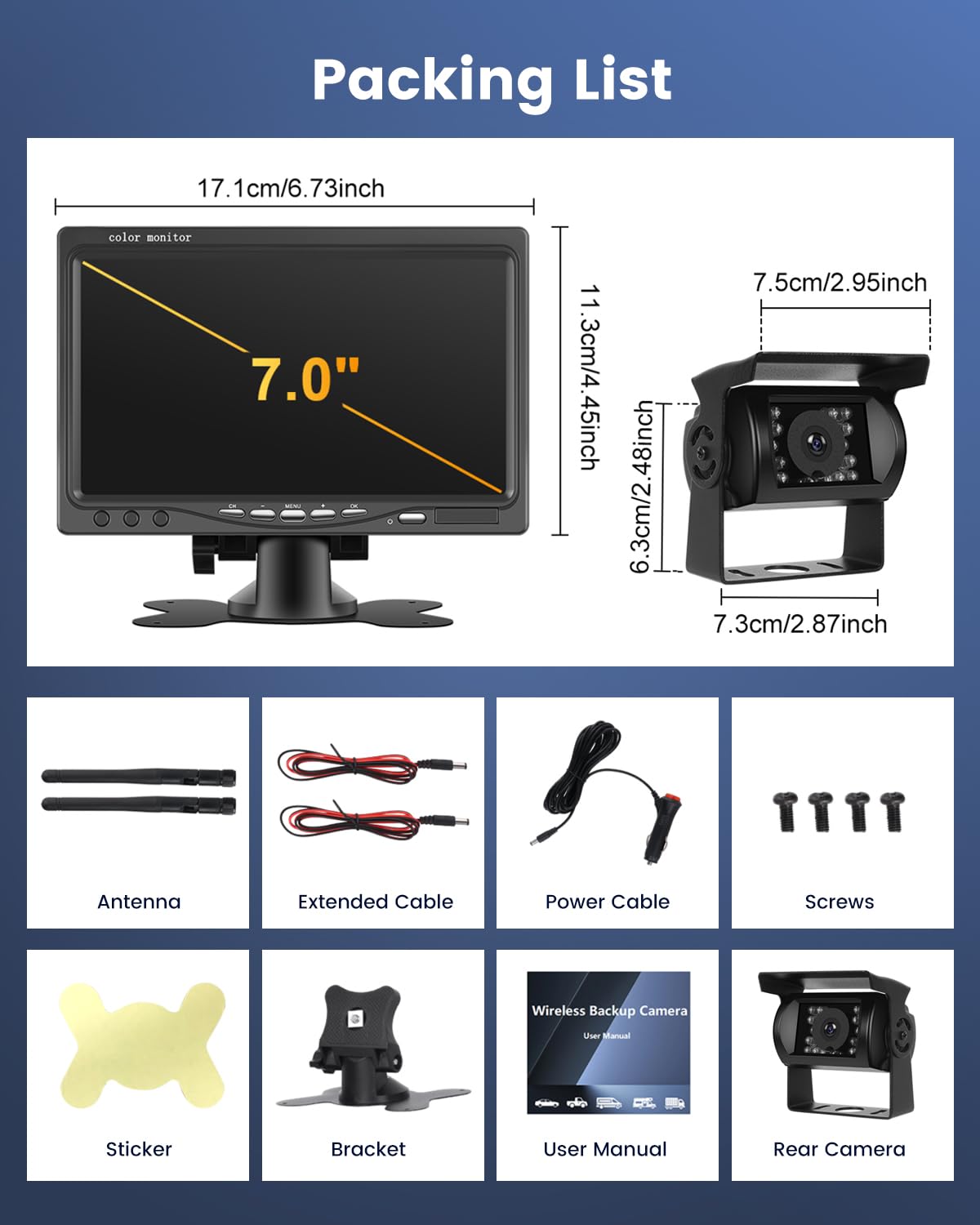 NHOPEEW Kit telecamera di retromarcia senza fili - schermo HD da 7 pollici con telecamera di backup wireless 1080P - visione notturna impermeabile IP68 per camion, rimorchi, autobus, auto, camper ecc