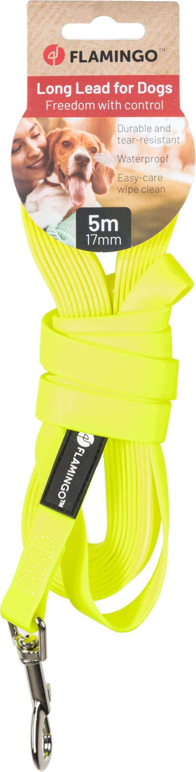 Smycz dla psa - Caspar Yellow Fluo (tropik/trening) - 500 cm dł. x 1,7 cm szer. x 0,2 cm wys. - wodoodporny biothane - uchwyt - chromowany karabińczyk - wysoka widoczność