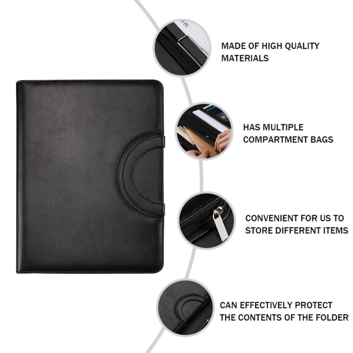 Business Padfolio aus Pu Leder mit Reißverschluss, A4, Schwarz