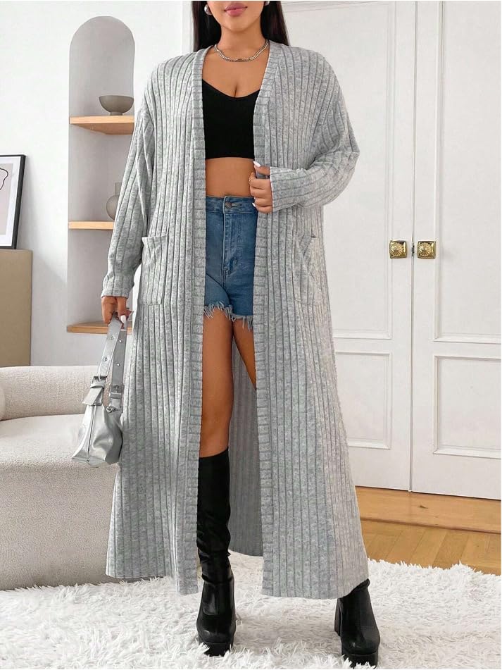 Women's Long Striped Cardigan Sweater, Long Open Design, Gray Knitted Fabric, Long Sleeves.3