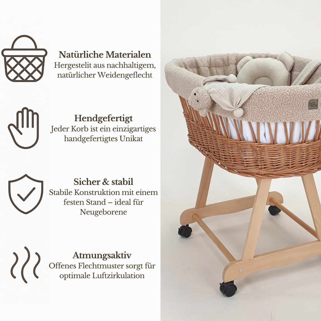 Łóżeczko dziecięce Amelia – naturalne ręcznie tkane Mojżesz ze stojakiem i materacem – 5-częściowy zestaw pościeli Teddy Beż – przenośny wózek na kółkach – idealny dla noworodków