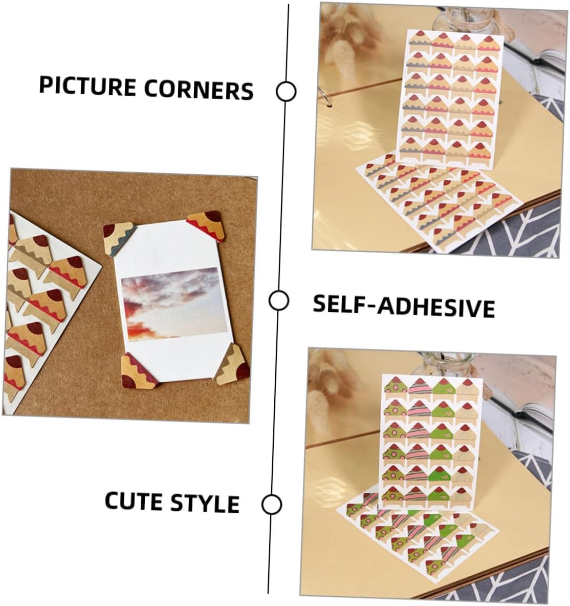 NUOBESTY Self-Adhesive Photo Corners and Scrapbooking Picture Mounting Stickers, 24pcs Paper Corner Protectors Cute and Solid Pen Tip Patterns, DIY Album Craft Supplies for Photo Albums
