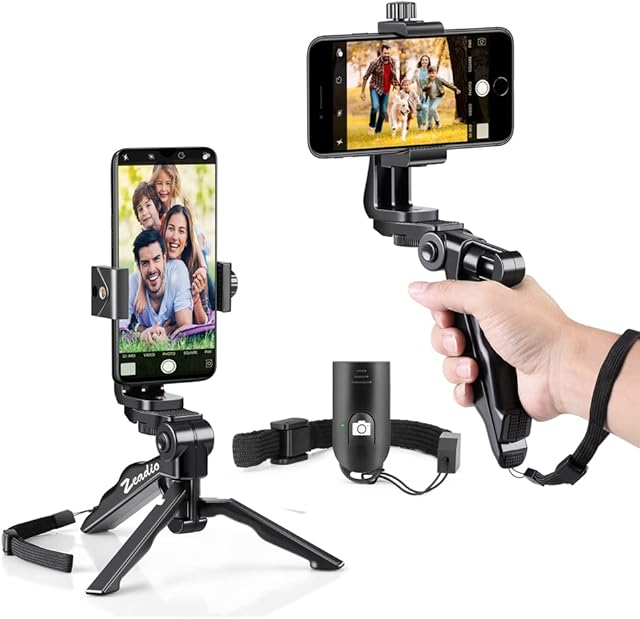 Zeadio Wireless Mini Smartphone Tripod Grip Stabilizer, Desktop Tabletop Stand Tripod with Phone Holder and Wireless Remote for iPhone Samsung Huawei and All Phones