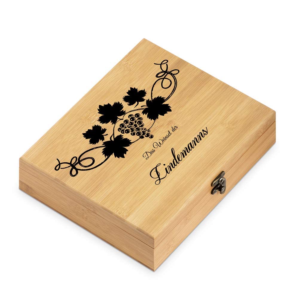 Maverton Weinöffner-Set personalisiert Weinset Sommelier Set - Geschenkbox Holzbox + 6er Weinzubehörset - aus Bambus - Braun - Geschenk Hochzeit Hochzeitstag Paar - Weihnachtsgeschenke - Weintraube