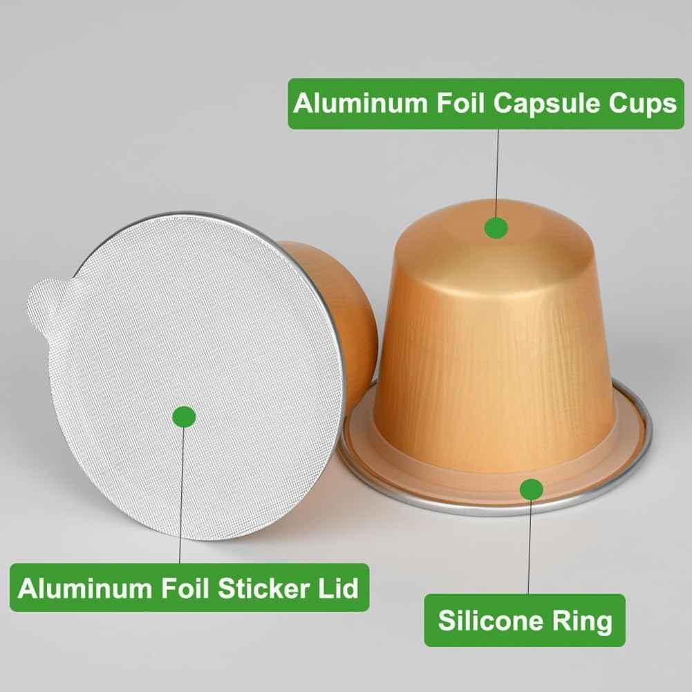 Cápsulas de repuesto para cápsulas de café (100 unidades, juego de vacío de aluminio para tus propias tazas de café espresso y kit de tapas adhesivas.