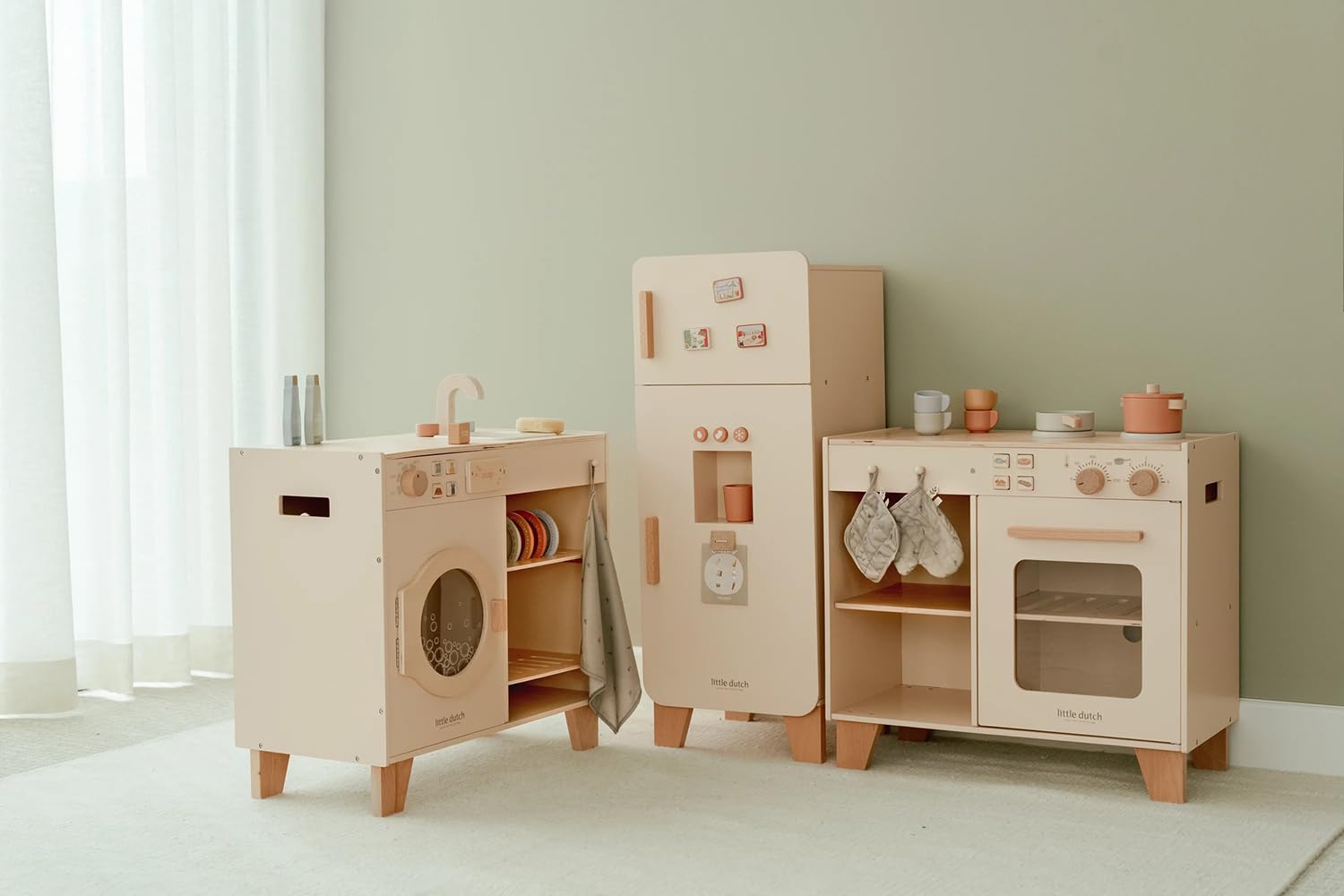 Little Dutch Kinderküche Spielküche aus Holz inkl. Töpfe und Topflappen - beige