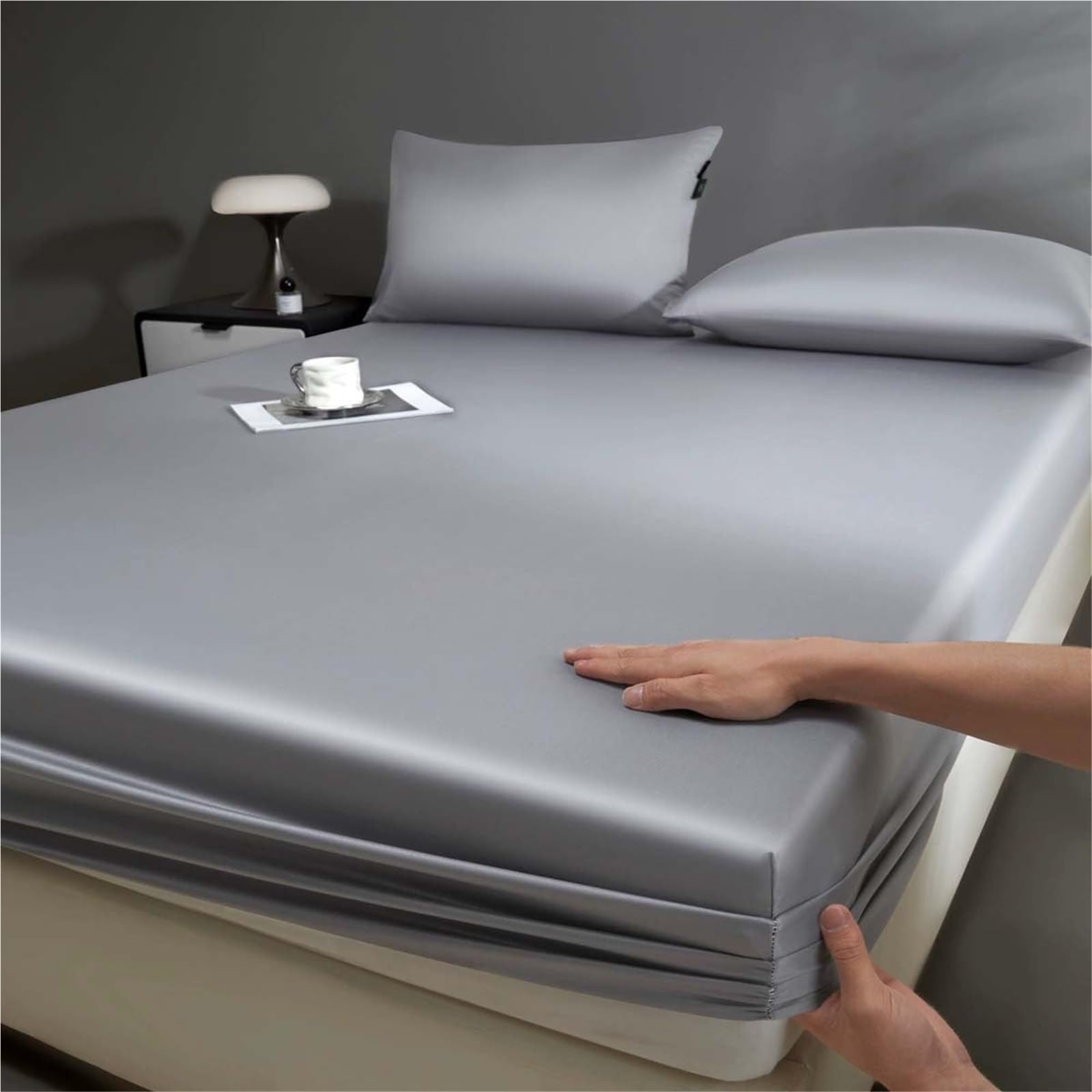 Kühlende Bettwäsche 100er-Webdichte, Kühlendes Spannbettlaken Kühlend 25 cm, Kühlende Bettlaken Seidig-weich Polyester, für Heiße Schläfer & Nachtschweiß(Gray,150x200cm)