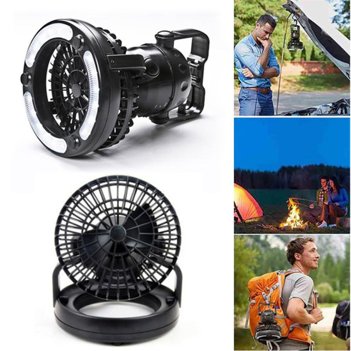 Camping Lamp With Ceiling Fan LED 18pz in Abs Nero 2pezzi | Luce per Tenda da Campeggio, Ventilatore Campeggio da Appendere, Festa Estiva
