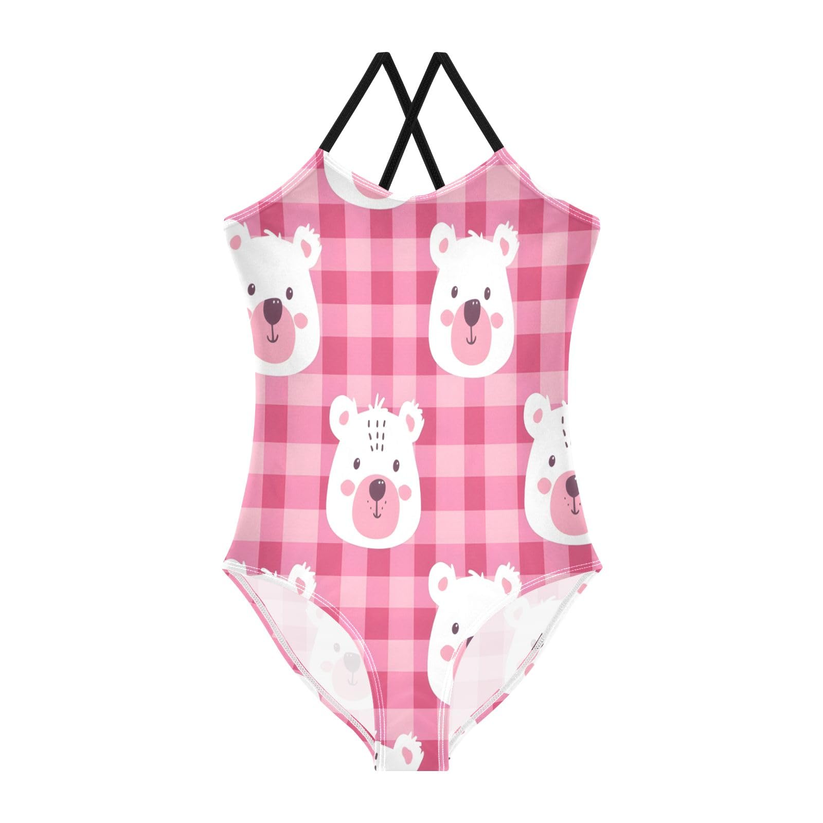 Pink Checkered with A Bear's Face Girls One-Piece Swimsuit Beach Bathing Suit