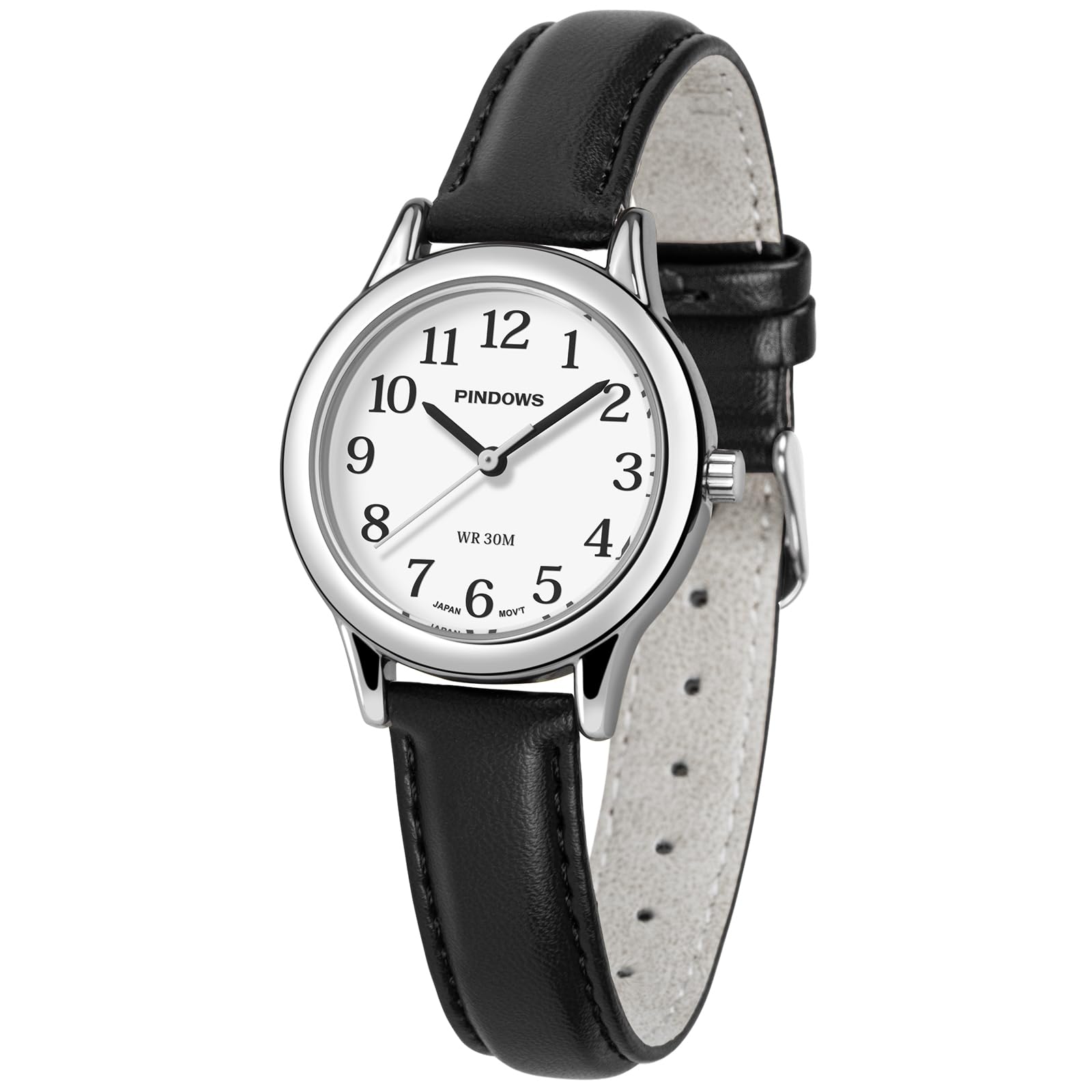 PINDOWS schlanke minimalistische Quarz-Analoguhr für Damen, Gehäuse in Goldton mit schwarzem Lederarmband, modische, Elegante Armbanduhr für den Alltag