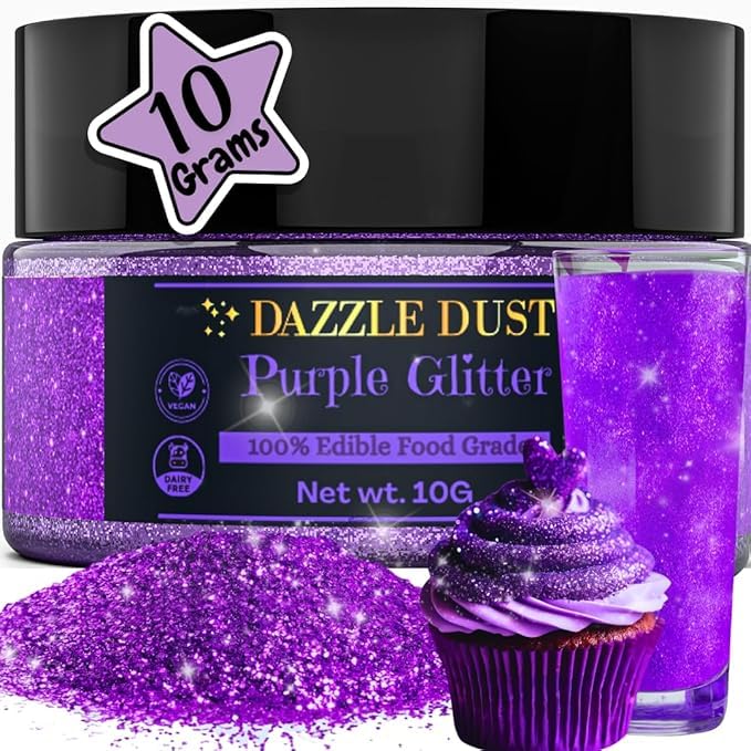 Dazzle Dust Edible Glitter Sprinkles for Cake Decorating, Drinks, Cookie, Icing, Dessert Decorations, Sparkly Luster, Food-Grade, Vegan, Gluten Free, Kosher, Bulk 10g, Purple