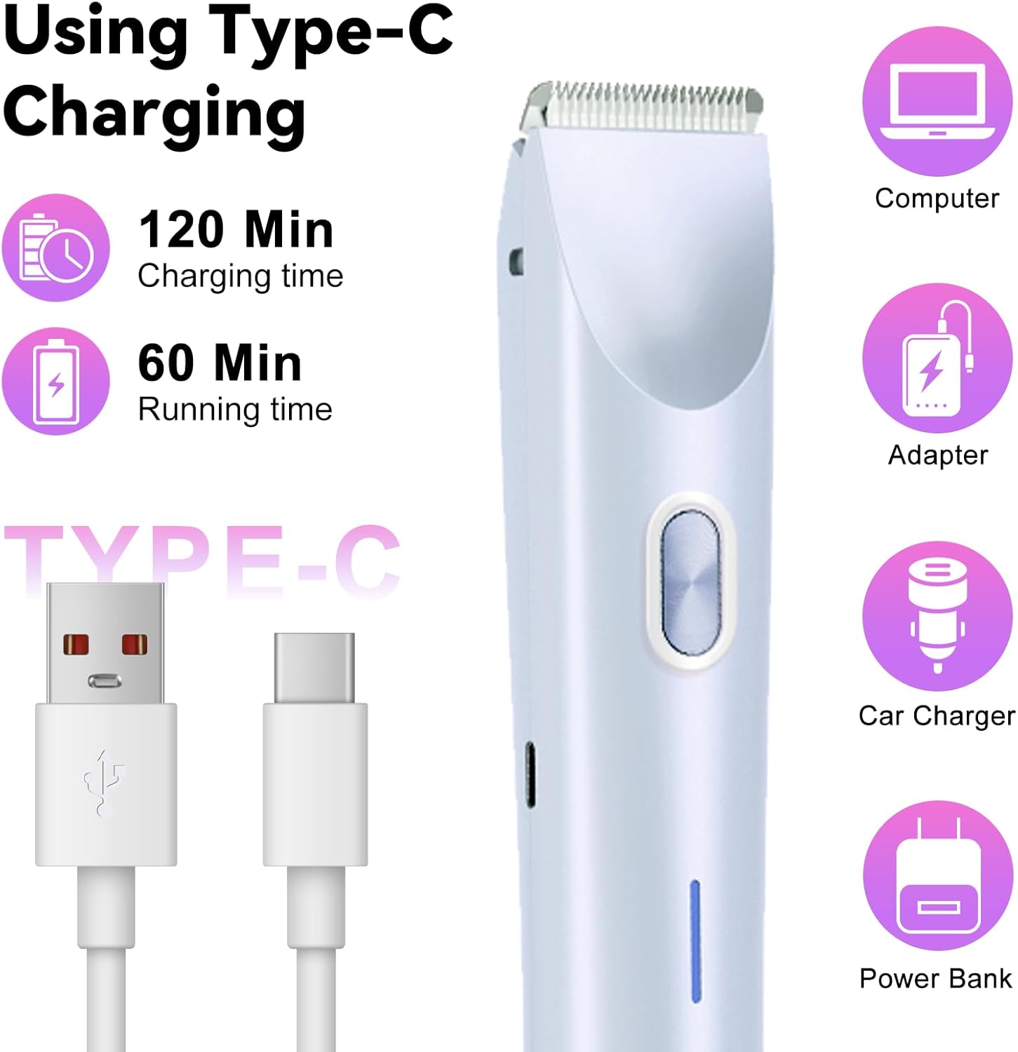 2-in-1 Bikini Trimmer for Women & Electric Razors for Women, Dual Head Design for Intimate Areas, Face, Underarms & Legs, IPX7 Waterproof Rechargeable Shaver, Portable Travel Personal Care (Blue) - Image 5