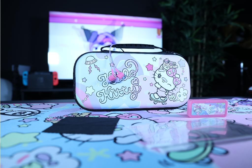Konix Hello Kitty Set di accessori gaming per Nintendo Switch, Switch Lite e Switch OLED - Custodia - Vetro temperato - Custodia per giochi - Cuffie