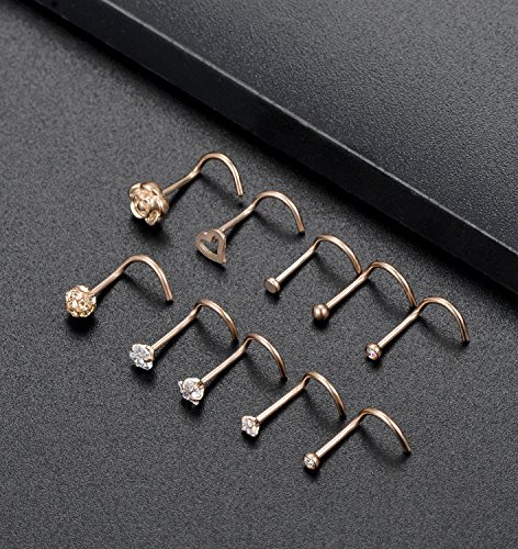 Tornito 20G 10Pcs Stainless Steel Nose Screw Studs Rings Cz Nose Ring Labret Nose Piercing Jewelry For Men Women Rose Gold Tone #TOP3