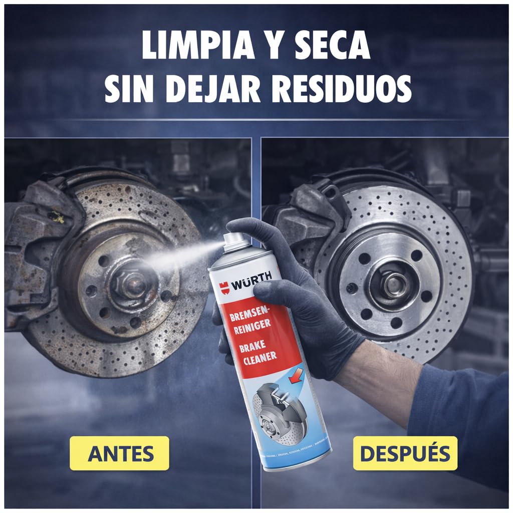 WURTH Limpiador de Frenos 500 ml – Pack de 12 Unidades – Spray Profesional para Limpiar Frenos, Embragues, Motores y Piezas Metálicas – Ref. 08901087